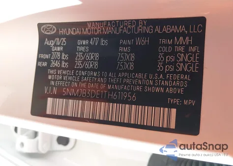 2026 Hyundai Tucson Sel from USA, damaged, VIN 5NMJB3DE1TH611956